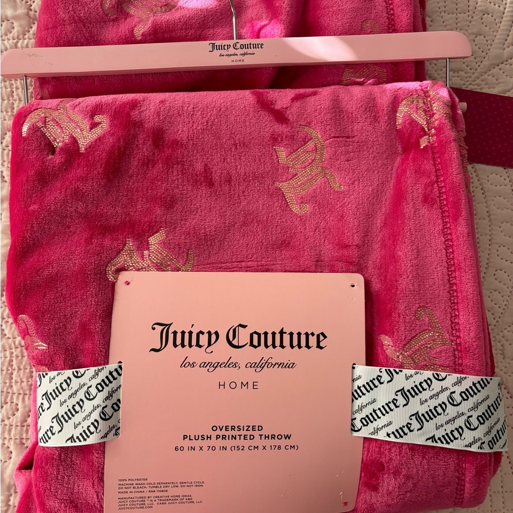 Juicy Couture Pink Plush Throw Blanket with JC glitter letters